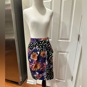 Yoana Baraschi Black Polka Dot Pencil Skirt with Purple & Gold Floral Print
